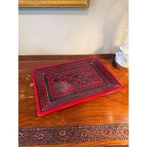 Vintage Mexican Folk Art Wood Tray • Red & Black Lacquered with Bird Motif